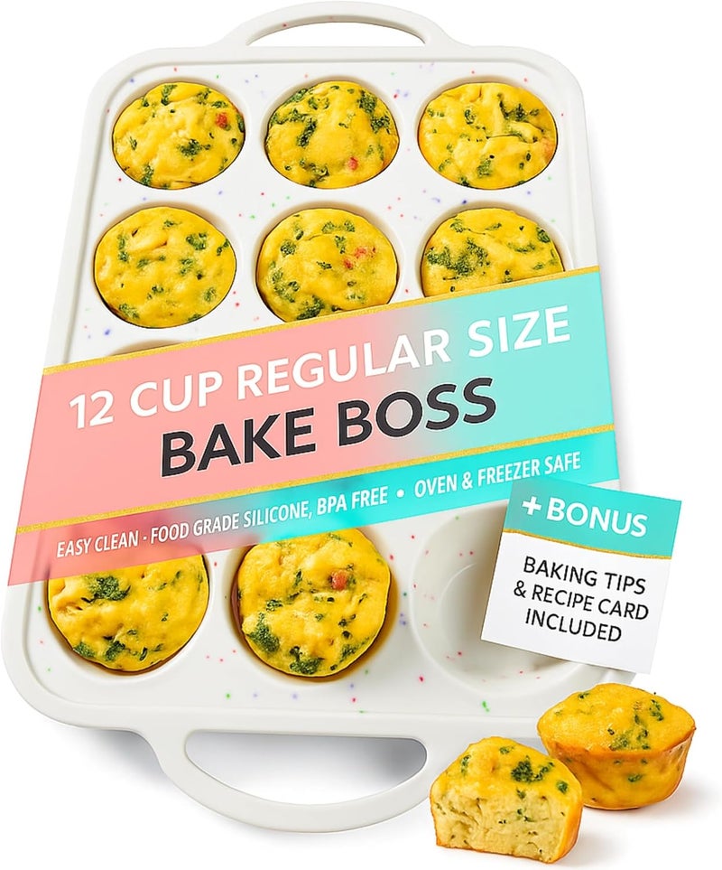 BAKE BOSS Regular Size 12 Cup Silicone Muffin Pans for Baking with Metal-Reinforced Handles – Nonstick Silicone Cupcake Pan, Easy-Release, BPA-Free Muffin Tray, Oven & Dishwasher Safe – 1 PACK - Cream - Image 1
